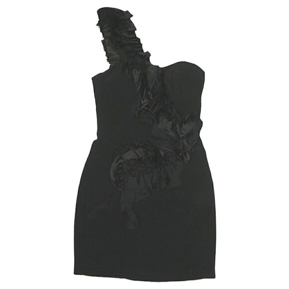 ABS Allen Schwartz Black Cocktail Party Dress Size 4 One Shoulder Ruffle Elegant - Picture 2 of 9